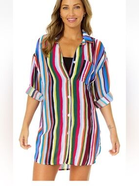 Anne Cole NWT L/XL Colorful Vertical Stripe Button-Down Tunic 💯 rayon COVERUP